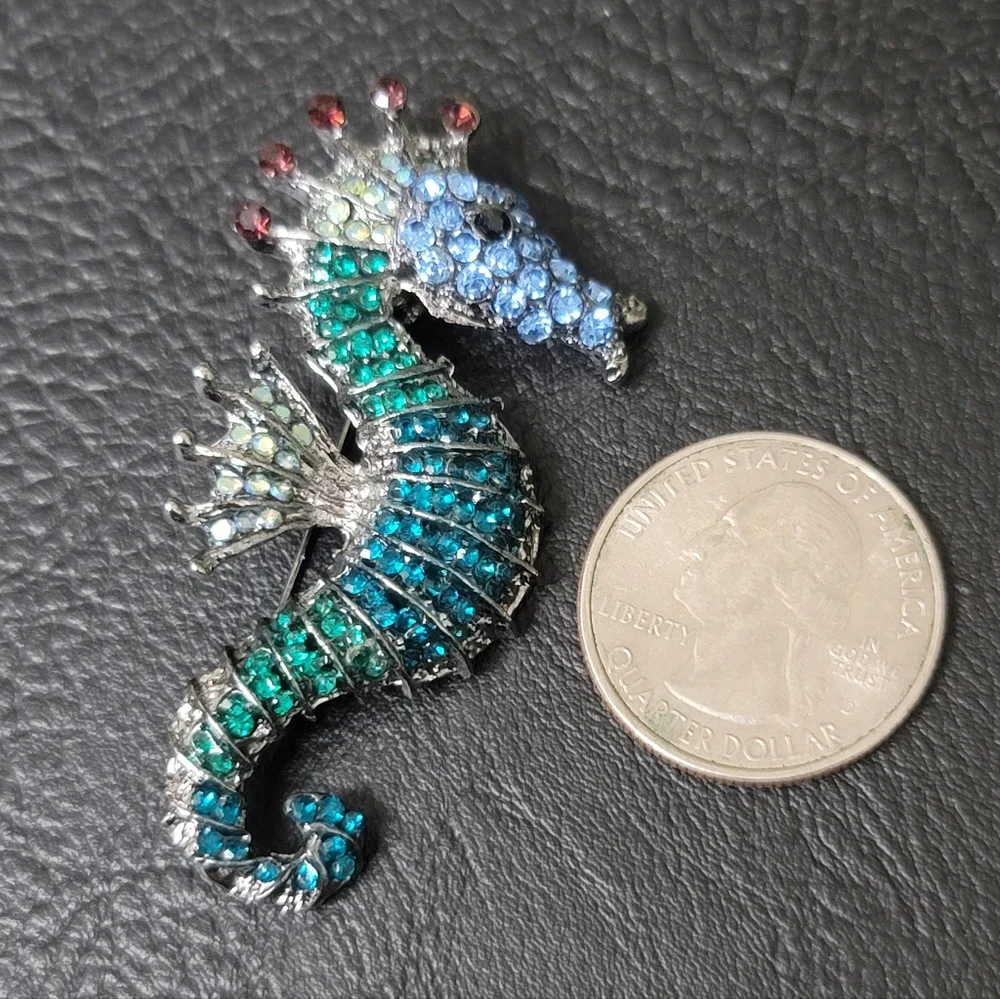 Beautiful Seahorse Brooch- Blue, Green, & AB Rhinestones - NWOT